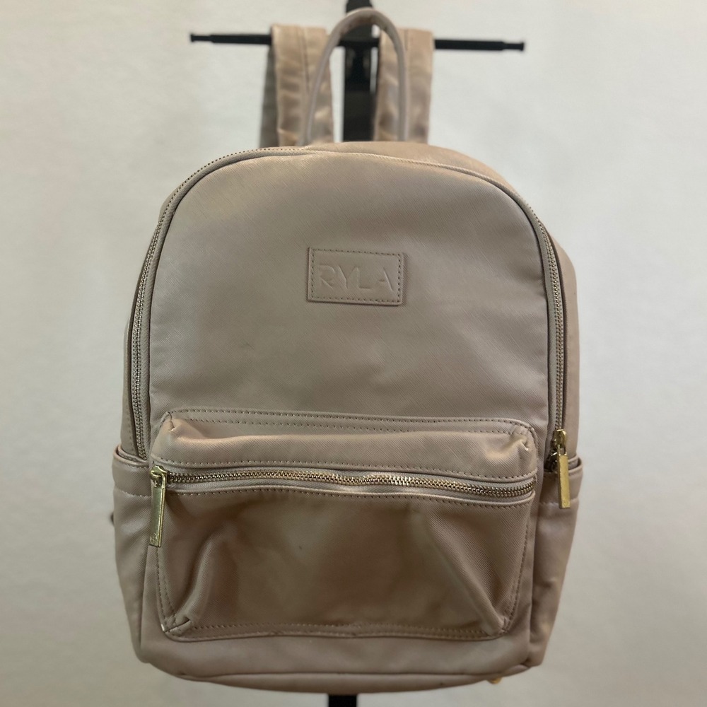RYLA‎ Baby Bag Taupe Faux Leather Gold Zipper Front Pocket Mini